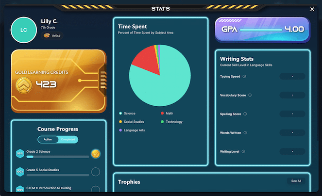 Acellus Academy Middle School Student Interface