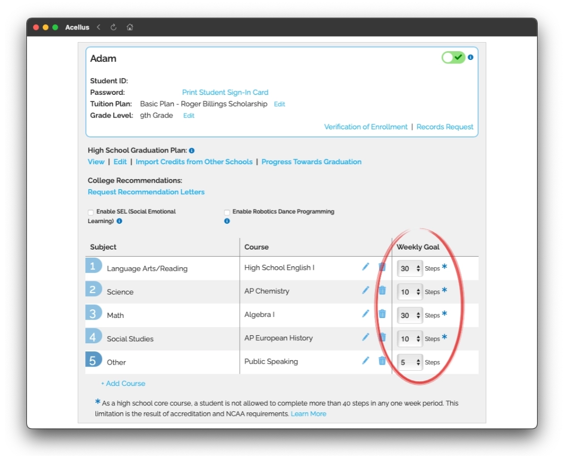 Parent Account - Changing Goals2 Setting a weekly goal