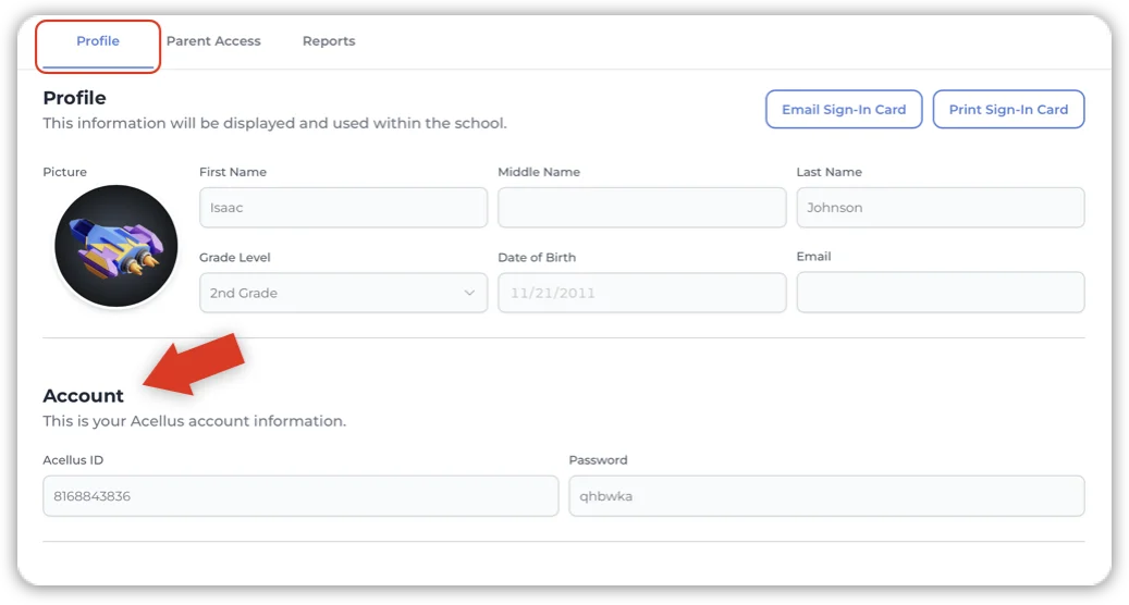 18-Student Profile Under the profile tab you can see your student's Acellus ID and Password.