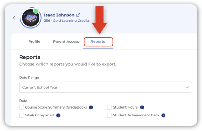 19-Reports Tab Parents can download various reports available under the "Reports" tab.